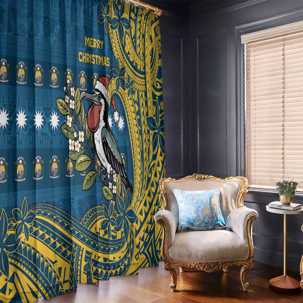 Nauru Christmas Window Curtain Frigatebird Bird Santa Tribal Waves - Polynesian Pride