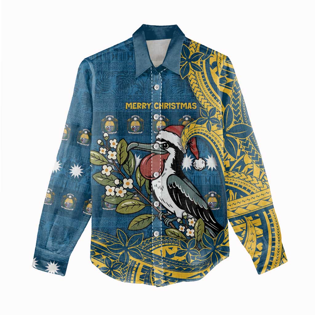Nauru Christmas Women Casual Shirt Frigatebird Bird Santa Tribal Waves - Polynesian Pride