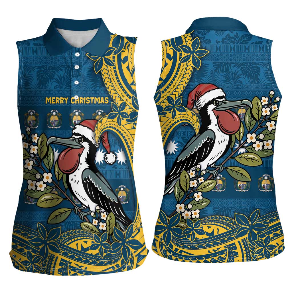 Nauru Christmas Women Sleeveless Polo Shirt Frigatebird Bird Santa Tribal Waves - Polynesian Pride
