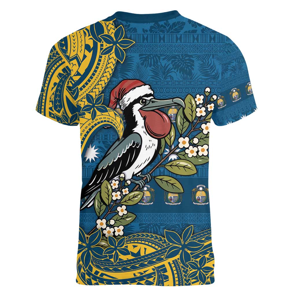 Nauru Christmas Women V-Neck T-Shirt Frigatebird Bird Santa Tribal Waves - Polynesian Pride
