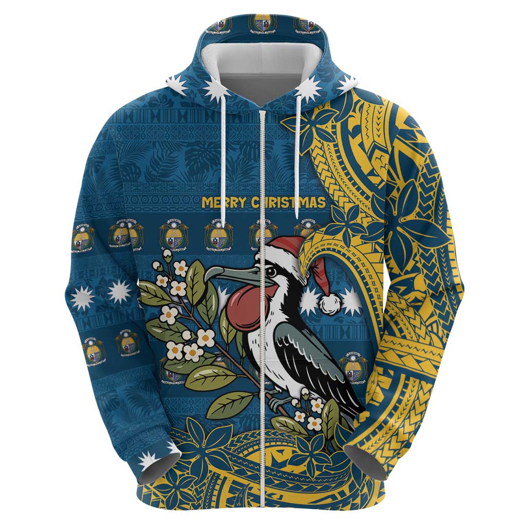 Nauru Christmas Zip Hoodie Frigatebird Bird Santa Tribal Waves - Polynesian Pride