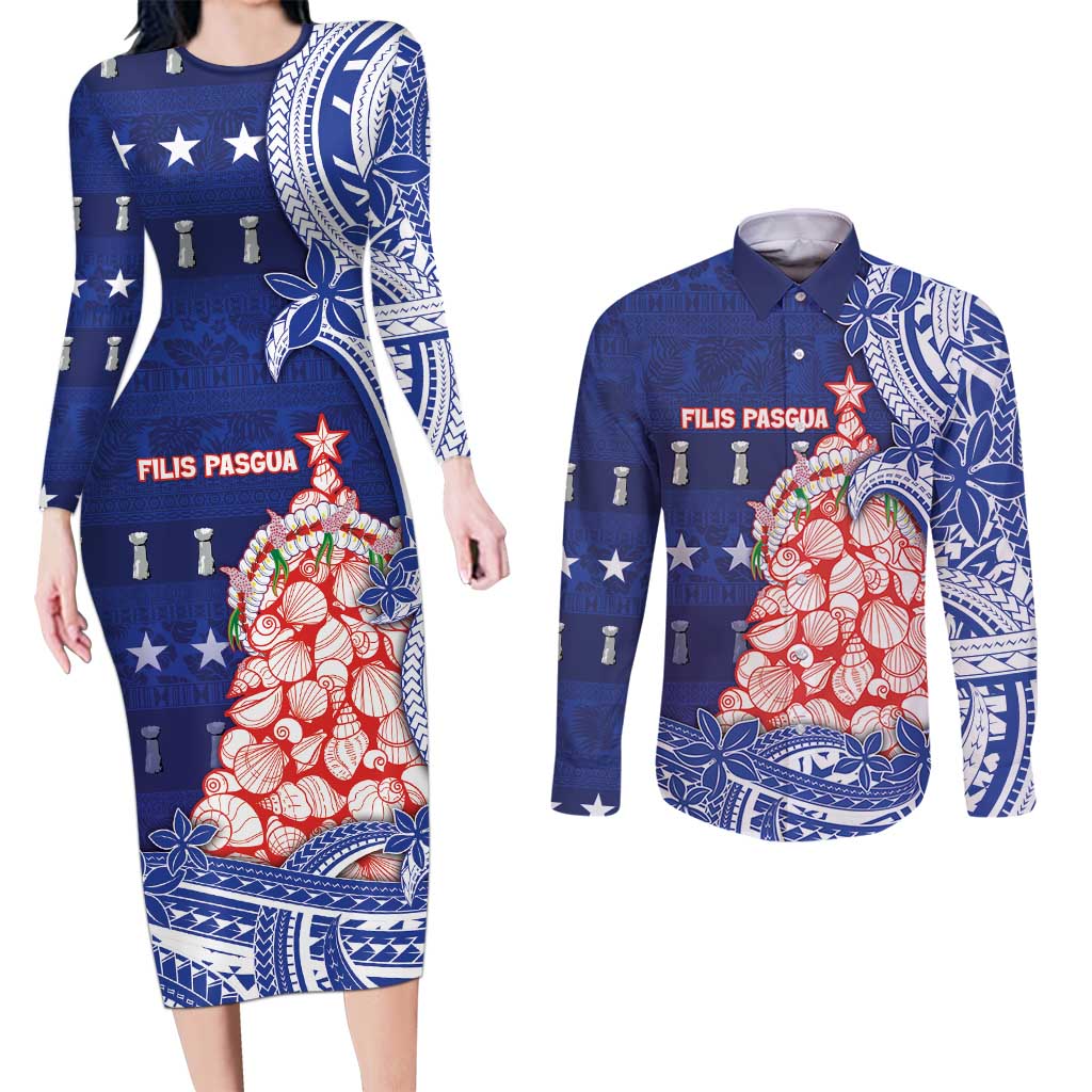 Northern Mariana Islands Christmas Couples Matching Long Sleeve Bodycon Dress and Long Sleeve Button Shirt Seashell Xmas Tree Tribal Waves DT05 Navy - Polynesian Pride