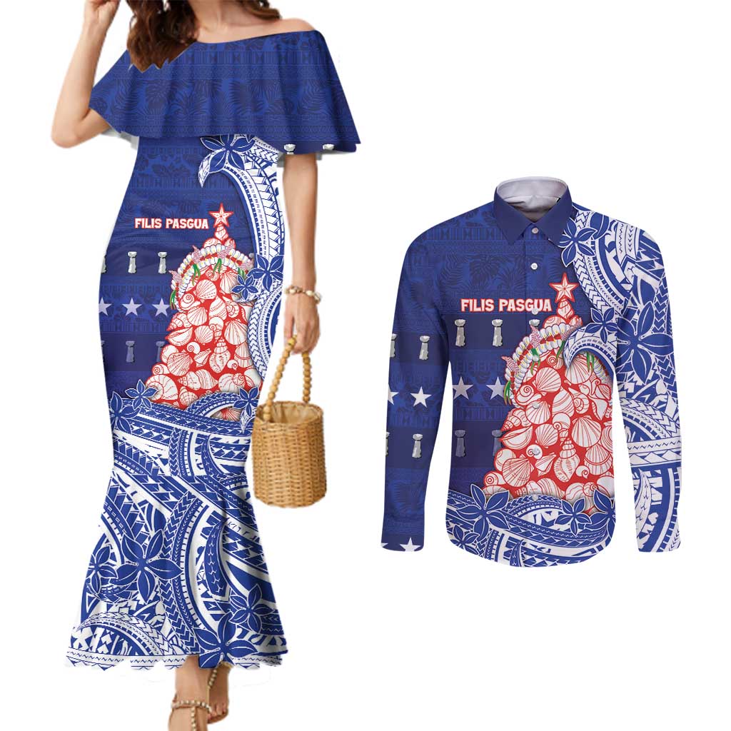 Northern Mariana Islands Christmas Couples Matching Mermaid Dress and Long Sleeve Button Shirt Seashell Xmas Tree Tribal Waves DT05 Navy - Polynesian Pride