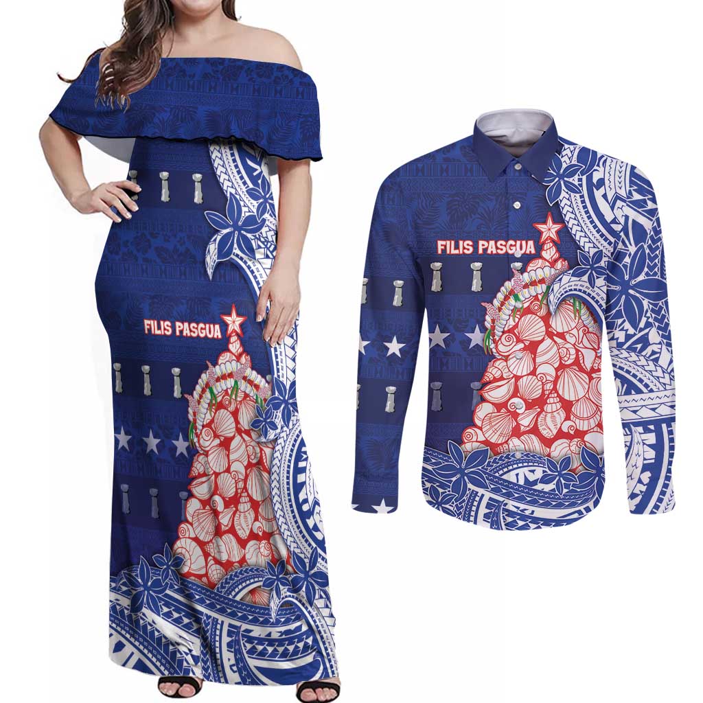 Northern Mariana Islands Christmas Couples Matching Off Shoulder Maxi Dress and Long Sleeve Button Shirt Seashell Xmas Tree Tribal Waves DT05 Navy - Polynesian Pride
