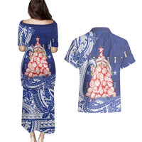 Northern Mariana Islands Christmas Couples Matching Puletasi and Hawaiian Shirt Seashell Xmas Tree Tribal Waves DT05 - Polynesian Pride