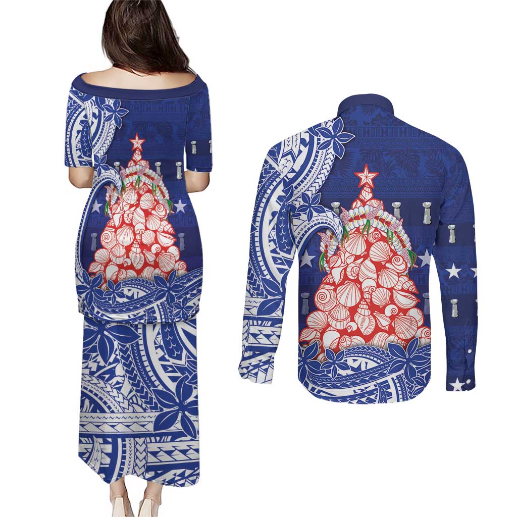 Northern Mariana Islands Christmas Couples Matching Puletasi and Long Sleeve Button Shirt Seashell Xmas Tree Tribal Waves - Polynesian Pride