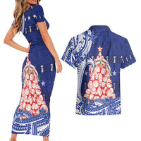 Northern Mariana Islands Christmas Couples Matching Short Sleeve Bodycon Dress and Hawaiian Shirt Seashell Xmas Tree Tribal Waves - Polynesian Pride
