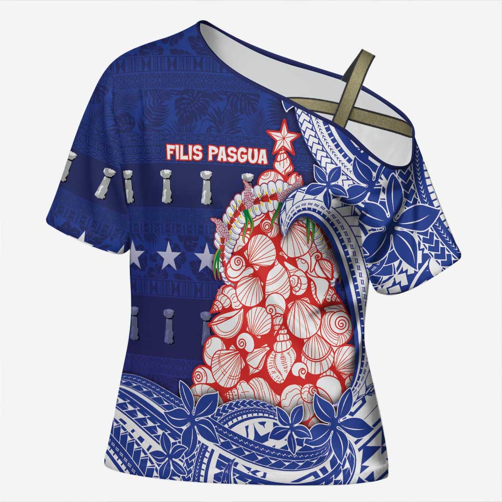 Northern Mariana Islands Christmas Cross Shoulder Shirt Seashell Xmas Tree Tribal Waves DT05 Female Navy - Polynesian Pride