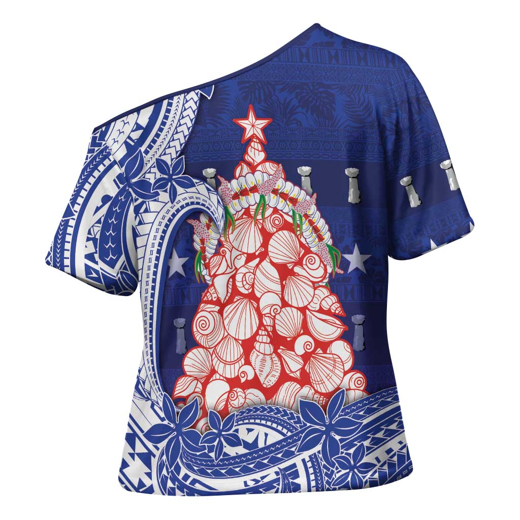 Northern Mariana Islands Christmas Cross Shoulder Shirt Seashell Xmas Tree Tribal Waves DT05 - Polynesian Pride