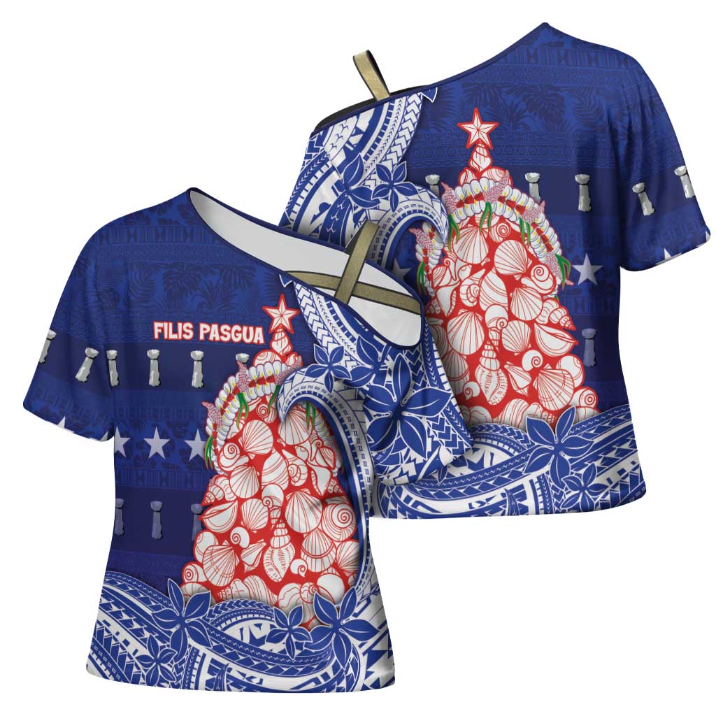 Northern Mariana Islands Christmas Cross Shoulder Shirt Seashell Xmas Tree Tribal Waves DT05 - Polynesian Pride