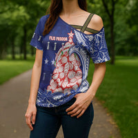 Northern Mariana Islands Christmas Cross Shoulder Shirt Seashell Xmas Tree Tribal Waves DT05 - Polynesian Pride