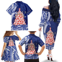 Northern Mariana Islands Christmas Family Matching Off The Shoulder Long Sleeve Dress and Hawaiian Shirt Seashell Xmas Tree Tribal Waves - Polynesian Pride