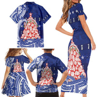 Northern Mariana Islands Christmas Family Matching Short Sleeve Bodycon Dress and Hawaiian Shirt Seashell Xmas Tree Tribal Waves - Polynesian Pride