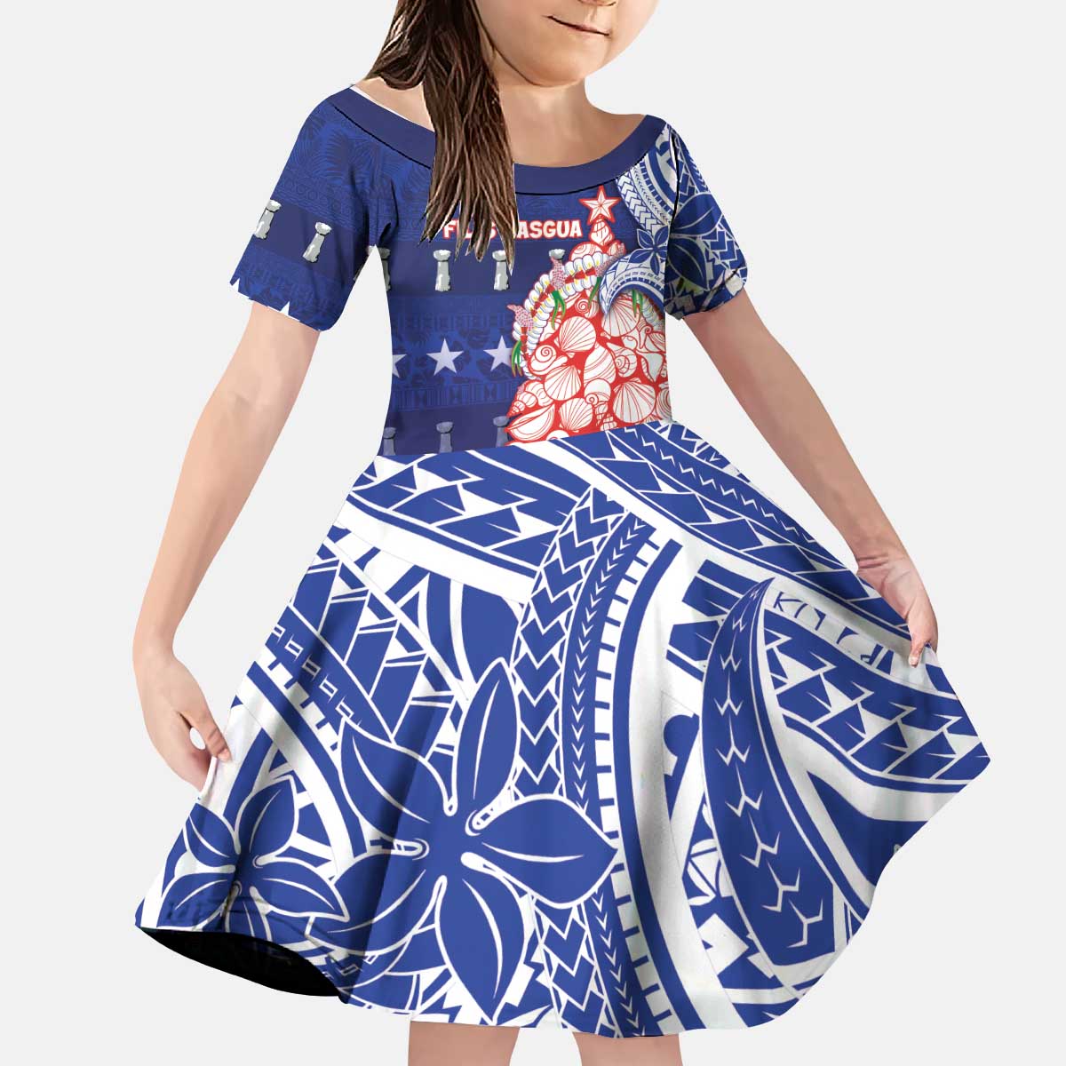 Northern Mariana Islands Christmas Kid Short Sleeve Dress Seashell Xmas Tree Tribal Waves DT05 KID Navy - Polynesian Pride