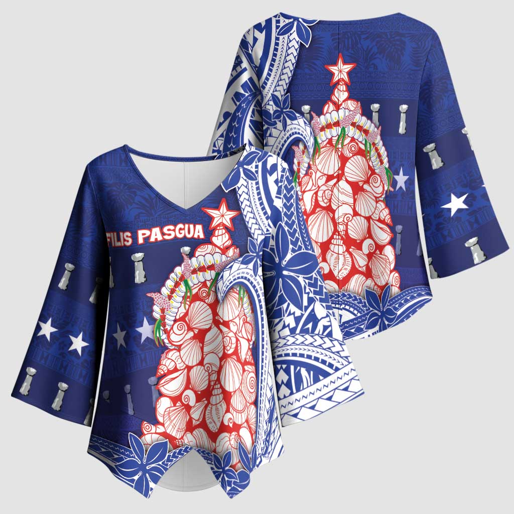 Northern Mariana Islands Christmas Kimono Sleeve Blouse Seashell Xmas Tree Tribal Waves DT05 - Polynesian Pride