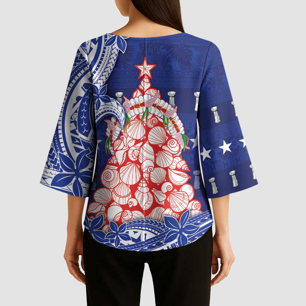 Northern Mariana Islands Christmas Kimono Sleeve Blouse Seashell Xmas Tree Tribal Waves DT05 - Polynesian Pride