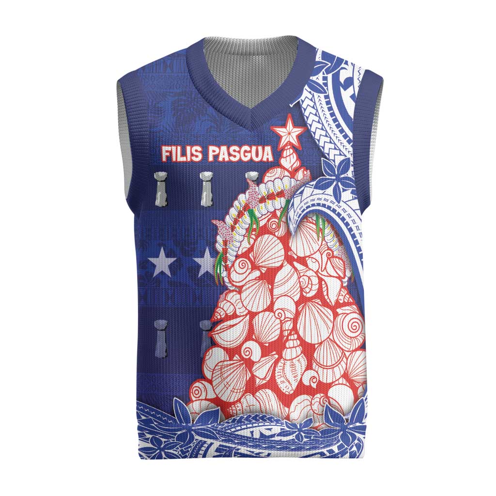 Northern Mariana Islands Christmas Knitted V-Neck Vest Seashell Xmas Tree Tribal Waves DT05 Navy - Polynesian Pride
