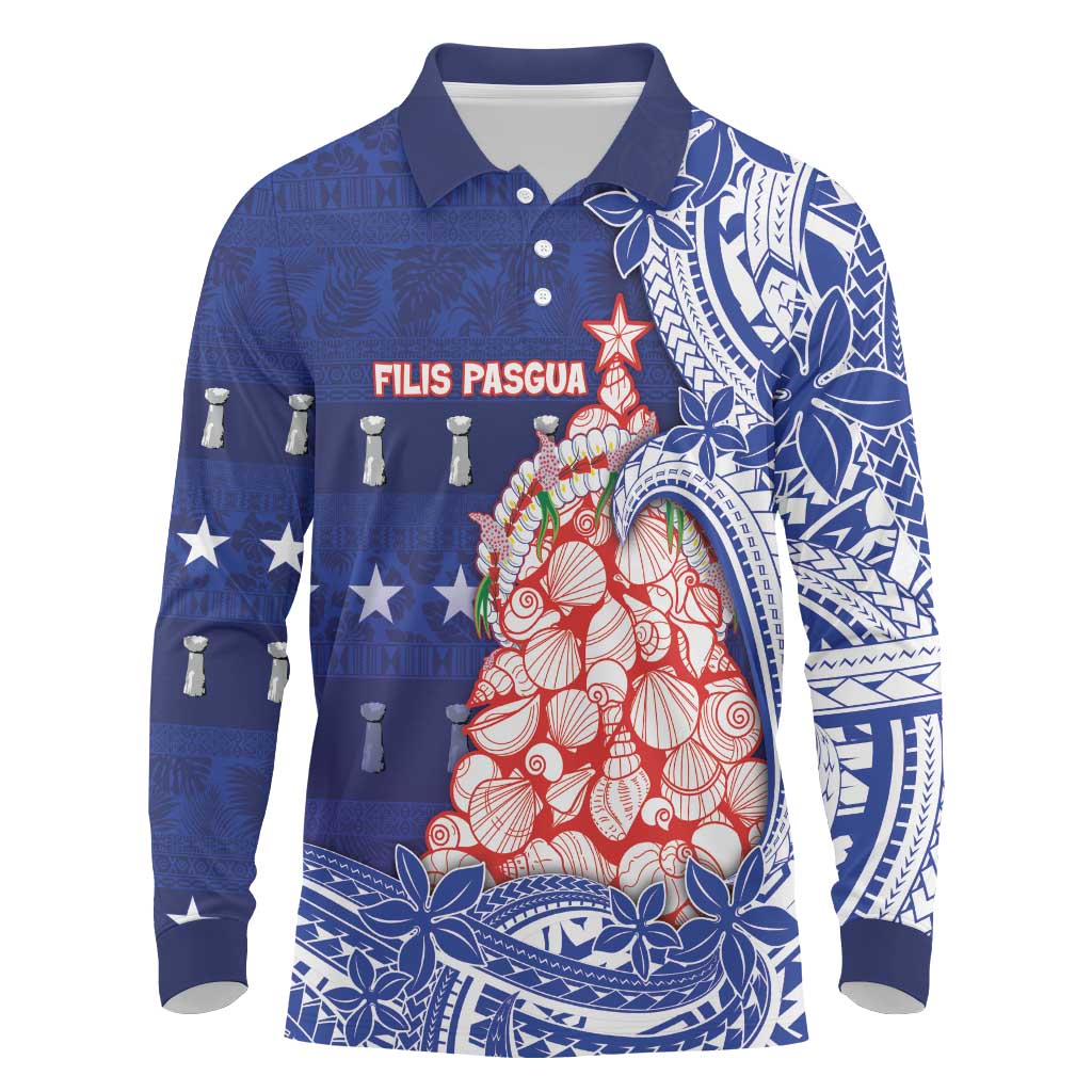 Northern Mariana Islands Christmas Long Sleeve Polo Shirt Seashell Xmas Tree Tribal Waves DT05 Navy - Polynesian Pride