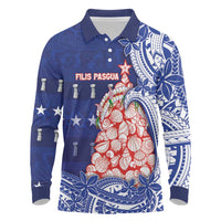 Northern Mariana Islands Christmas Long Sleeve Polo Shirt Seashell Xmas Tree Tribal Waves DT05 Navy - Polynesian Pride