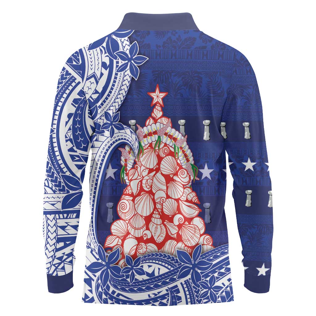 Northern Mariana Islands Christmas Long Sleeve Polo Shirt Seashell Xmas Tree Tribal Waves DT05 - Polynesian Pride