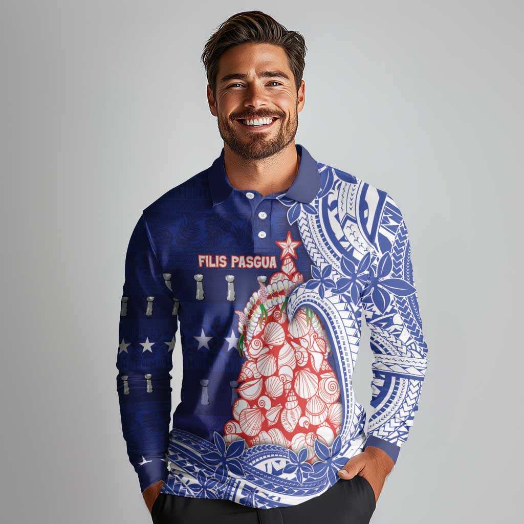Northern Mariana Islands Christmas Long Sleeve Polo Shirt Seashell Xmas Tree Tribal Waves DT05 - Polynesian Pride