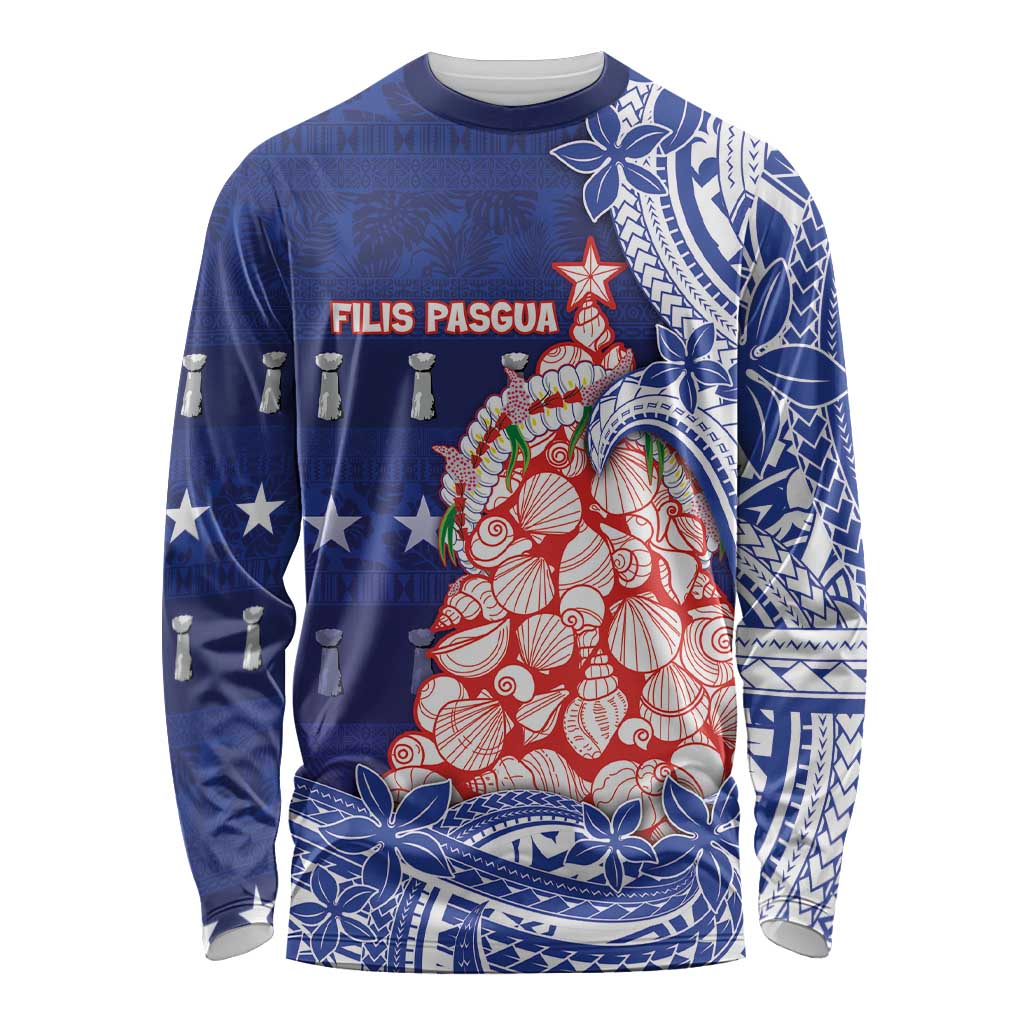 Northern Mariana Islands Christmas Long Sleeve Shirt Seashell Xmas Tree Tribal Waves DT05 Unisex Navy - Polynesian Pride