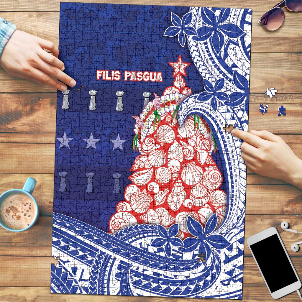 Northern Mariana Islands Christmas Puzzle Seashell Xmas Tree Tribal Waves DT05 Navy - Polynesian Pride