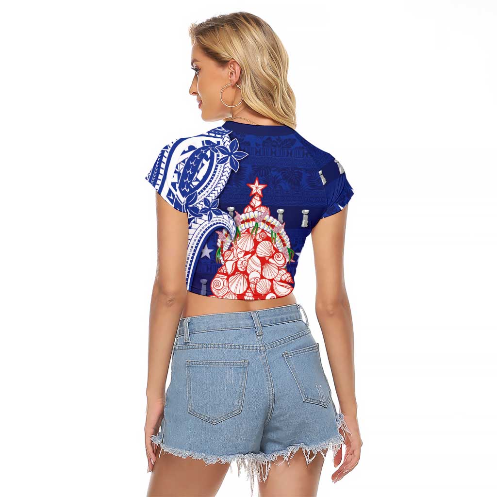 Northern Mariana Islands Christmas Raglan Cropped T Shirt Seashell Xmas Tree Tribal Waves - Polynesian Pride