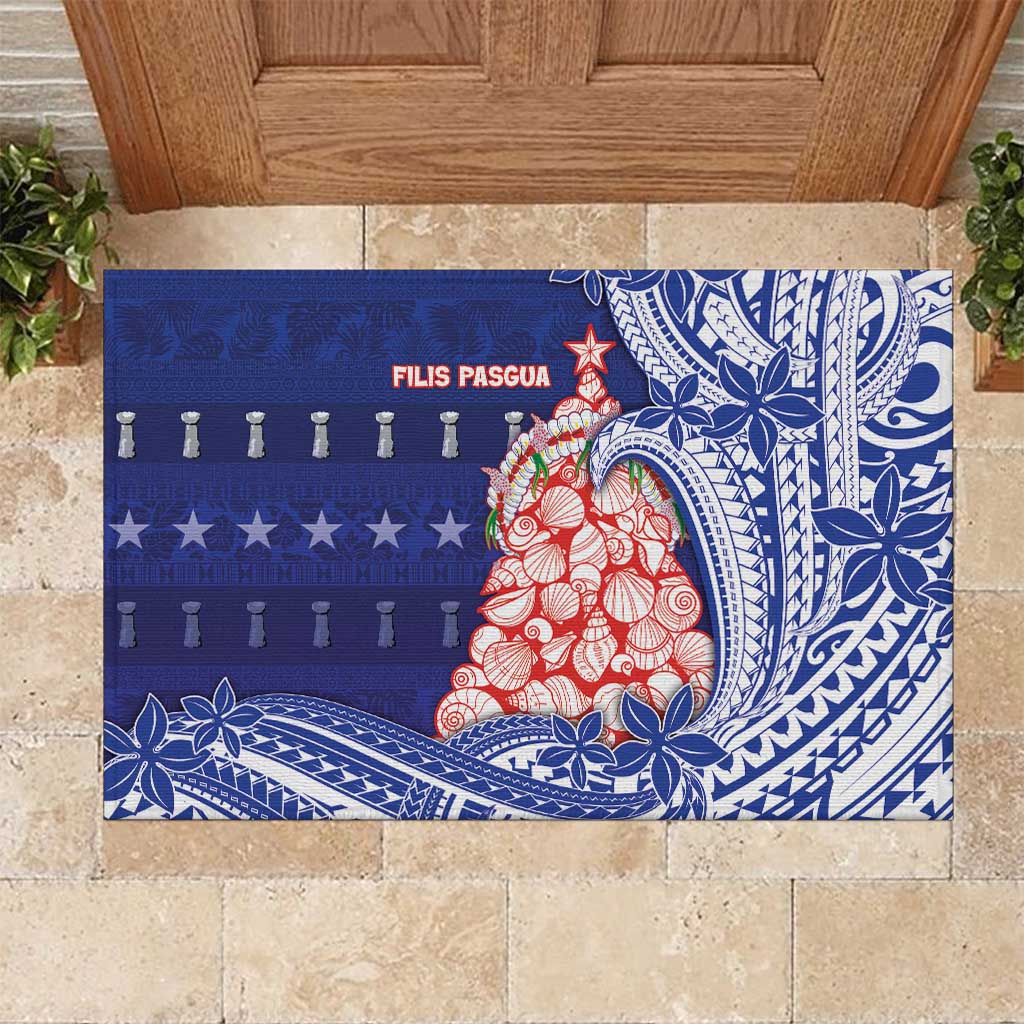 Northern Mariana Islands Christmas Rubber Doormat Seashell Xmas Tree Tribal Waves DT05 Navy - Polynesian Pride