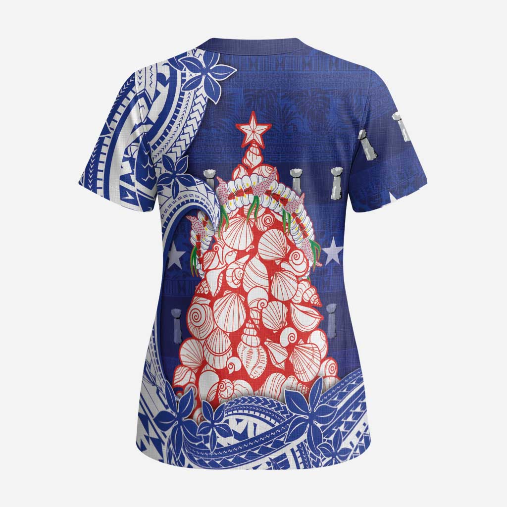 Northern Mariana Islands Christmas Scrub Top Seashell Xmas Tree Tribal Waves DT05 - Polynesian Pride