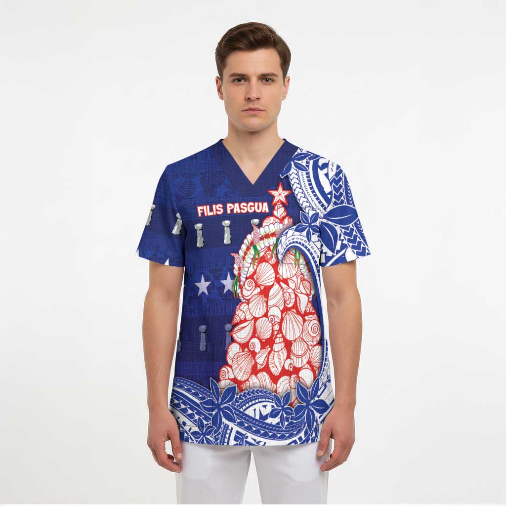 Northern Mariana Islands Christmas Scrub Top Seashell Xmas Tree Tribal Waves DT05 - Polynesian Pride