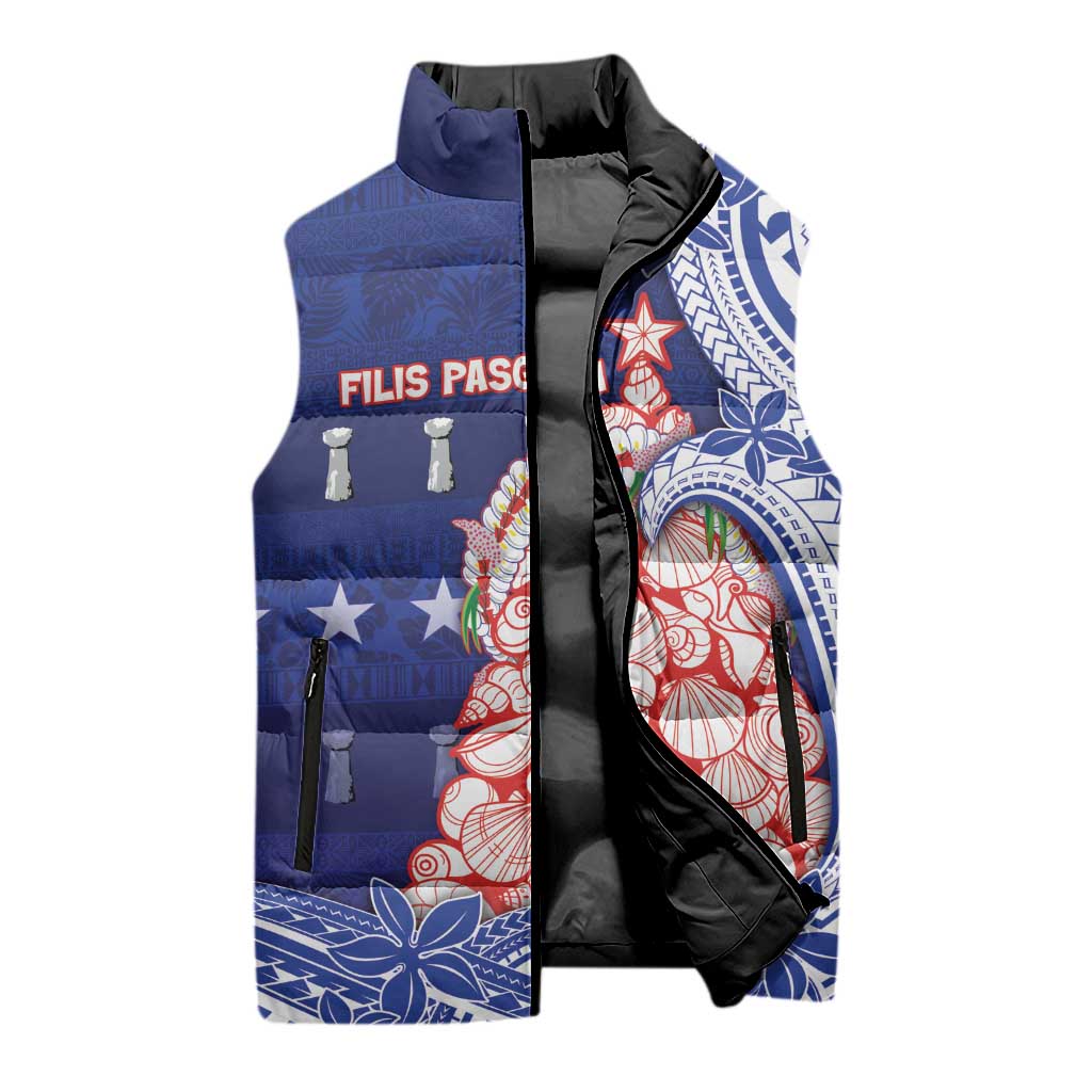 Northern Mariana Islands Christmas Sleeveless Puffer Jacket Seashell Xmas Tree Tribal Waves DT05 - Polynesian Pride