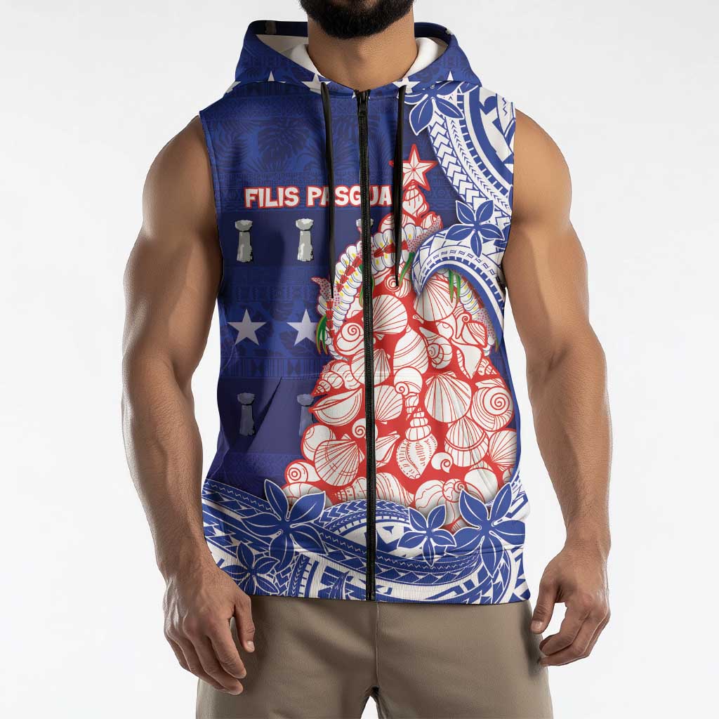 Northern Mariana Islands Christmas Sleeveless Zip Hoodie Seashell Xmas Tree Tribal Waves DT05 - Polynesian Pride