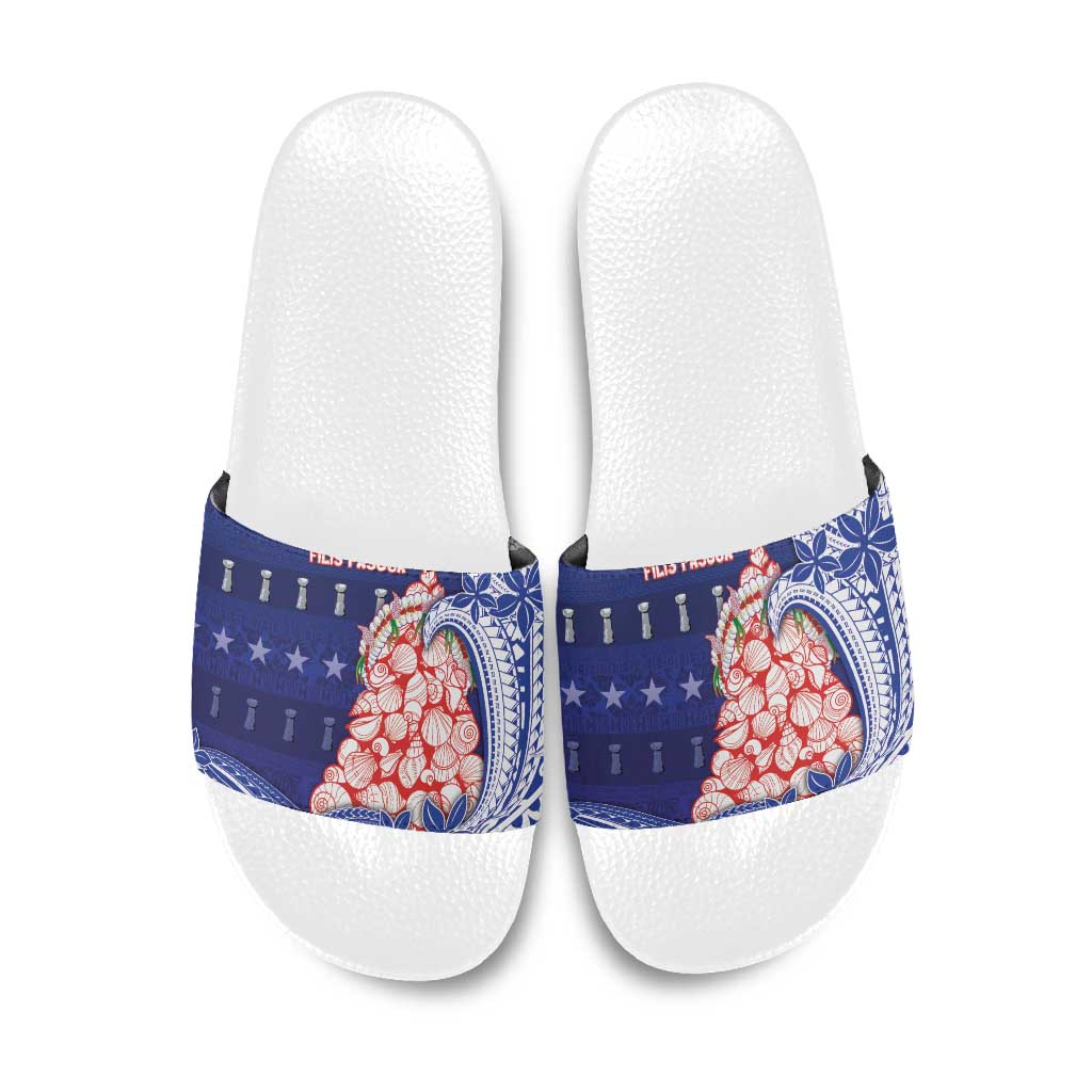 Northern Mariana Islands Christmas Slide Sandals Seashell Xmas Tree Tribal Waves DT05 Navy - Polynesian Pride