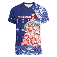 Northern Mariana Islands Christmas Women V-Neck T-Shirt Seashell Xmas Tree Tribal Waves - Polynesian Pride