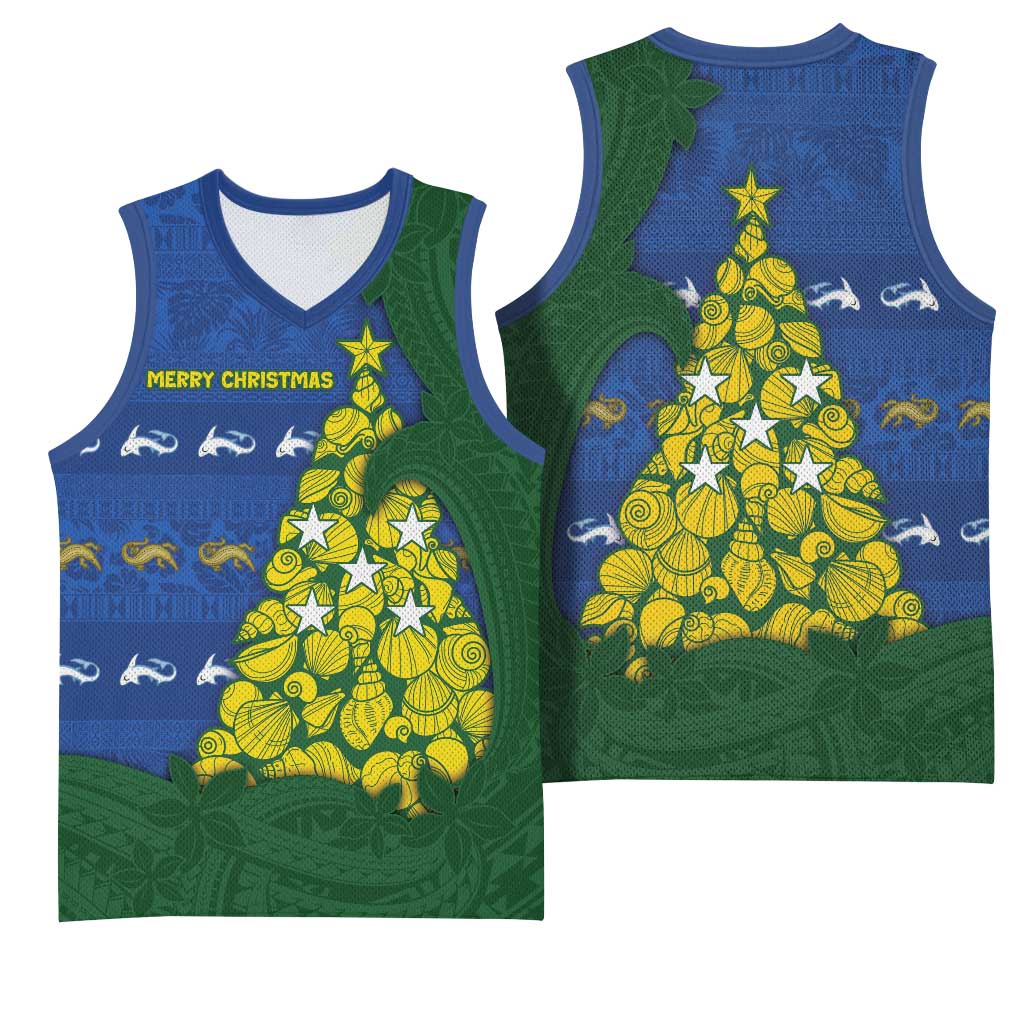 Solomon Islands Christmas Basketball Jersey Seashell Xmas Tree Tribal Waves DT05 - Polynesian Pride