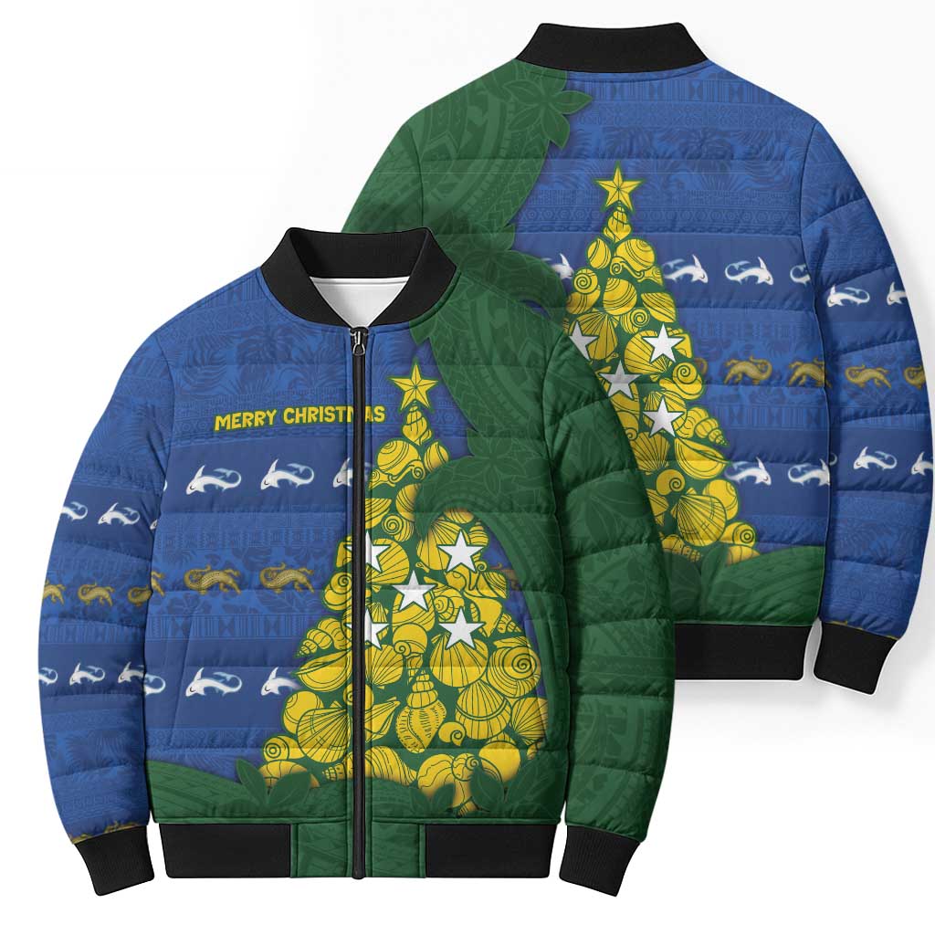 Solomon Islands Christmas Bomber Puffer Jacket Seashell Xmas Tree Tribal Waves DT05 - Polynesian Pride