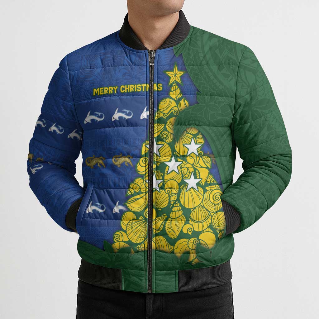 Solomon Islands Christmas Bomber Puffer Jacket Seashell Xmas Tree Tribal Waves DT05 - Polynesian Pride