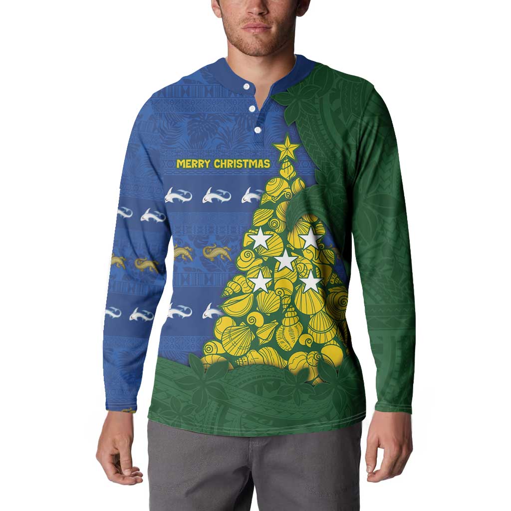 Solomon Islands Christmas Button Sweatshirt Seashell Xmas Tree Tribal Waves DT05 - Polynesian Pride