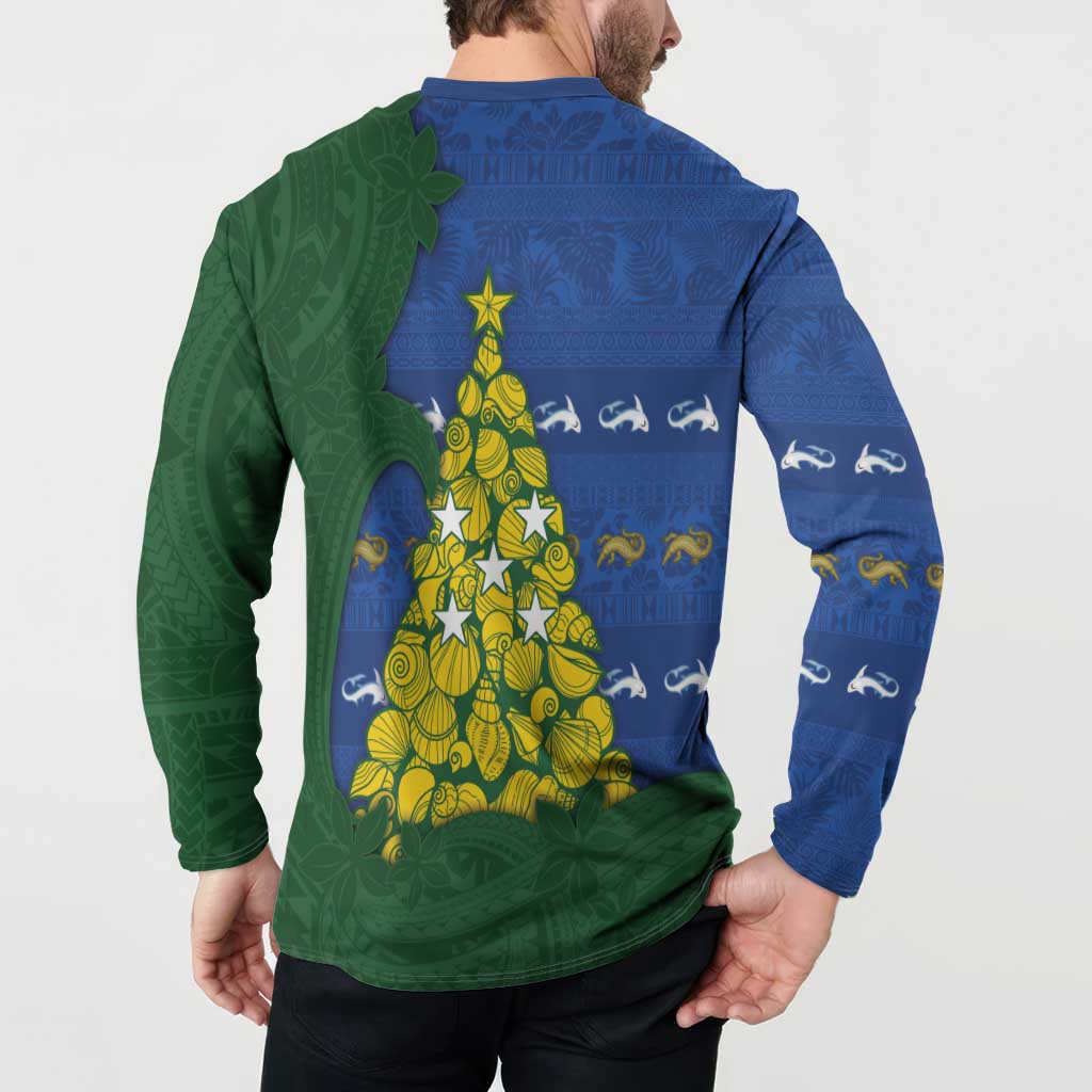 Solomon Islands Christmas Button Sweatshirt Seashell Xmas Tree Tribal Waves DT05 - Polynesian Pride