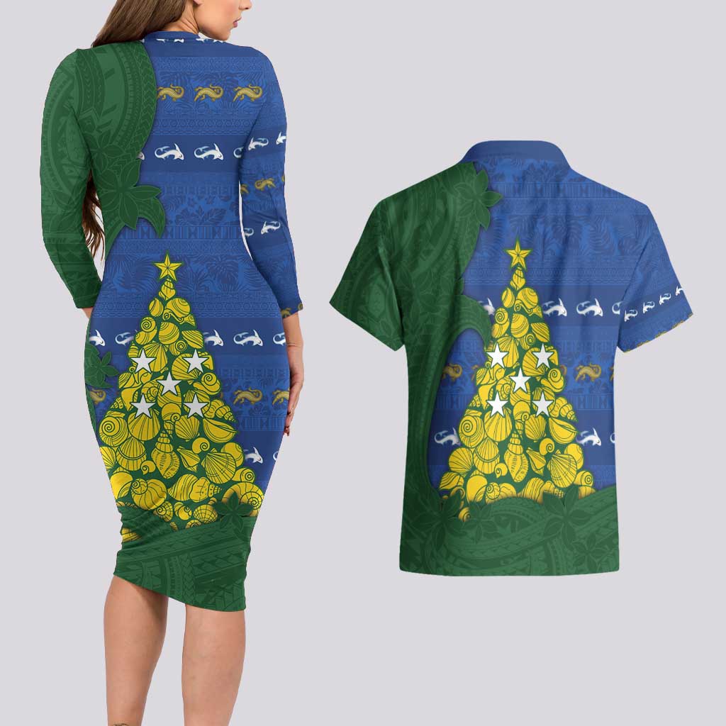 Solomon Islands Christmas Couples Matching Long Sleeve Bodycon Dress and Hawaiian Shirt Seashell Xmas Tree Tribal Waves - Polynesian Pride