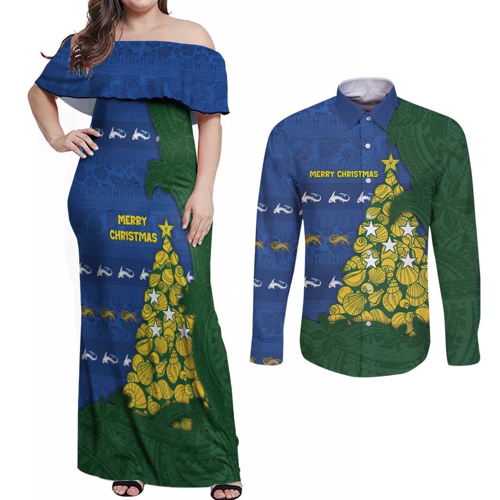 Solomon Islands Christmas Couples Matching Off Shoulder Maxi Dress and Long Sleeve Button Shirt Seashell Xmas Tree Tribal Waves DT05 Navy - Polynesian Pride