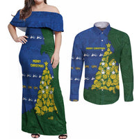 Solomon Islands Christmas Couples Matching Off Shoulder Maxi Dress and Long Sleeve Button Shirt Seashell Xmas Tree Tribal Waves DT05 Navy - Polynesian Pride
