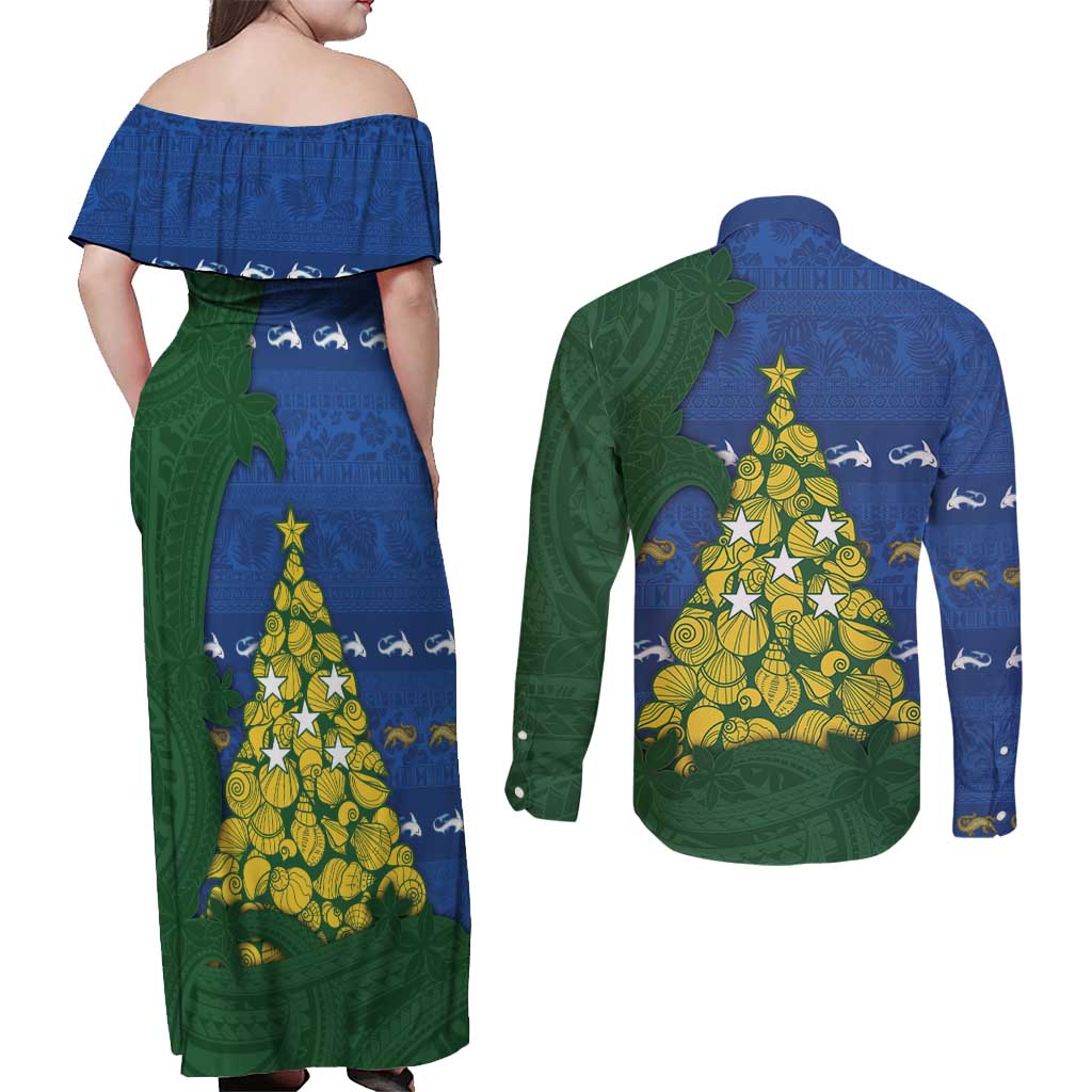 Solomon Islands Christmas Couples Matching Off Shoulder Maxi Dress and Long Sleeve Button Shirt Seashell Xmas Tree Tribal Waves DT05 - Polynesian Pride