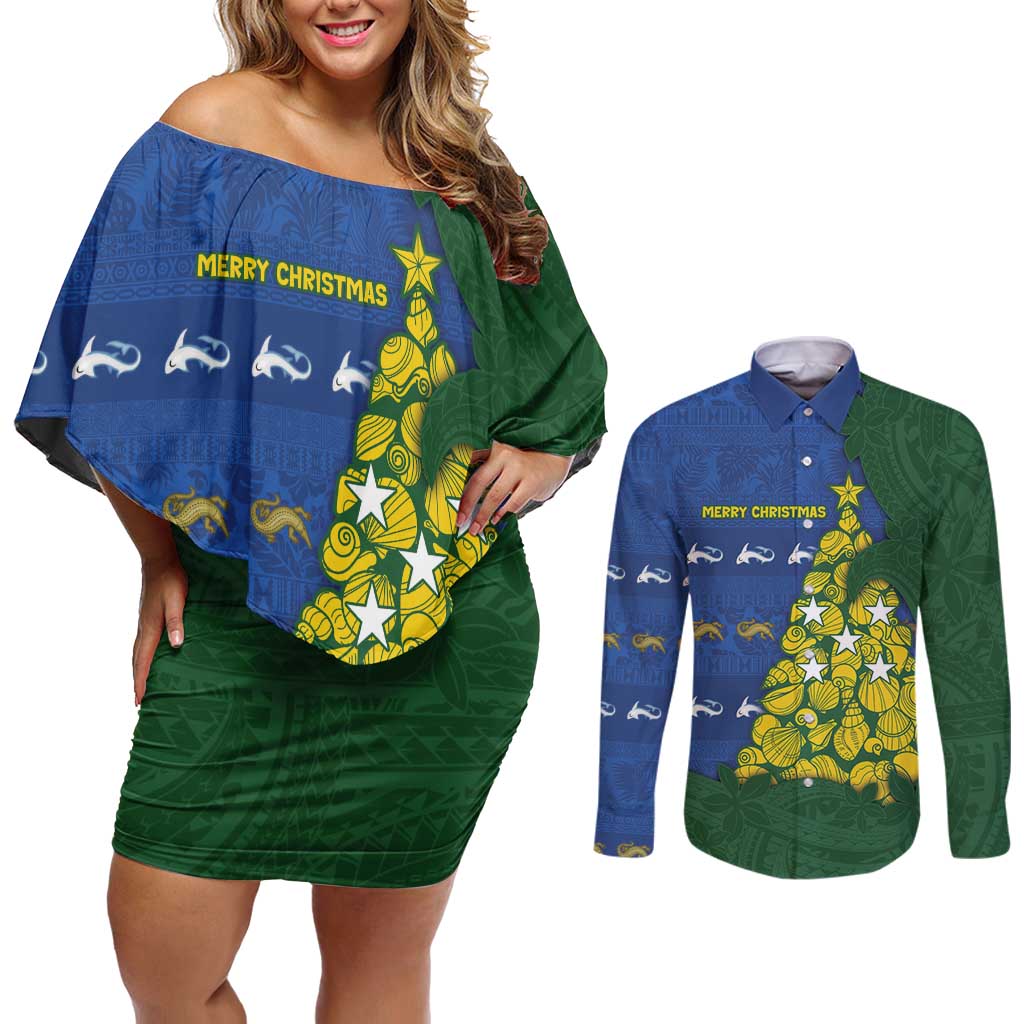 Solomon Islands Christmas Couples Matching Off Shoulder Short Dress and Long Sleeve Button Shirt Seashell Xmas Tree Tribal Waves DT05 Navy - Polynesian Pride