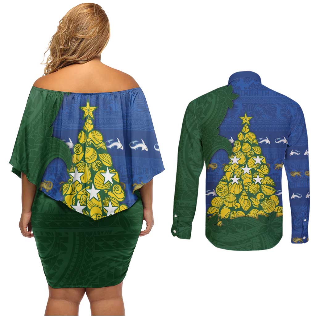 Solomon Islands Christmas Couples Matching Off Shoulder Short Dress and Long Sleeve Button Shirt Seashell Xmas Tree Tribal Waves DT05 - Polynesian Pride