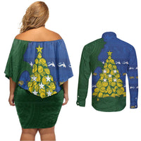 Solomon Islands Christmas Couples Matching Off Shoulder Short Dress and Long Sleeve Button Shirt Seashell Xmas Tree Tribal Waves DT05 - Polynesian Pride