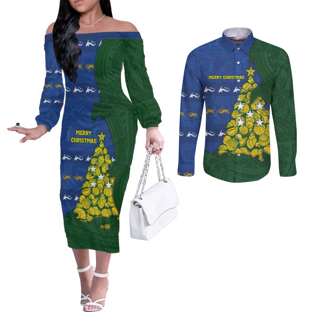 Solomon Islands Christmas Couples Matching Off The Shoulder Long Sleeve Dress and Long Sleeve Button Shirt Seashell Xmas Tree Tribal Waves - Polynesian Pride
