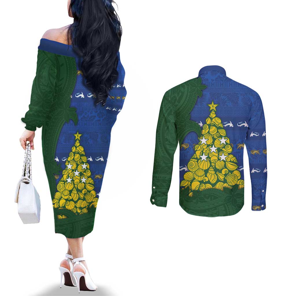 Solomon Islands Christmas Couples Matching Off The Shoulder Long Sleeve Dress and Long Sleeve Button Shirt Seashell Xmas Tree Tribal Waves - Polynesian Pride