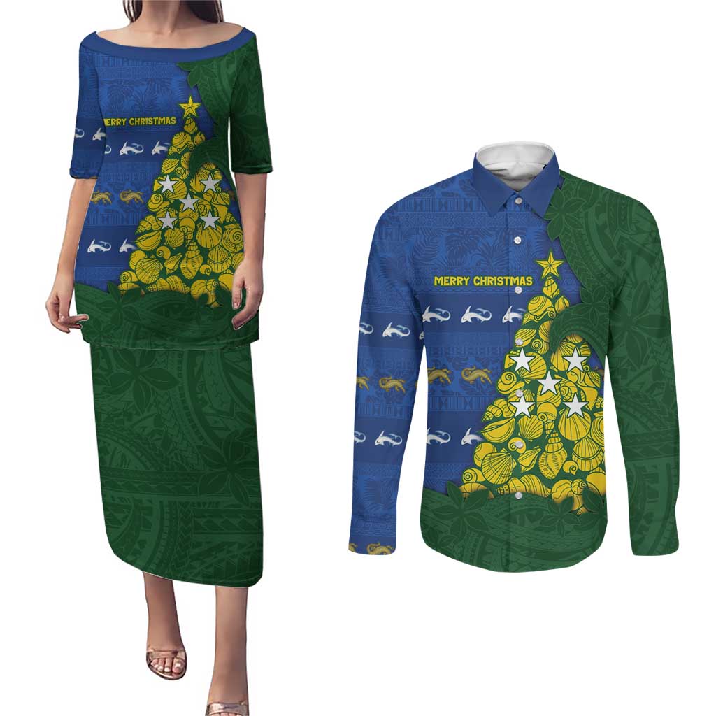 Solomon Islands Christmas Couples Matching Puletasi and Long Sleeve Button Shirt Seashell Xmas Tree Tribal Waves DT05 Navy - Polynesian Pride